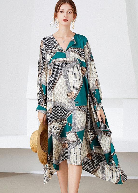 Black Green V Neck Print Fall Long Dresses
