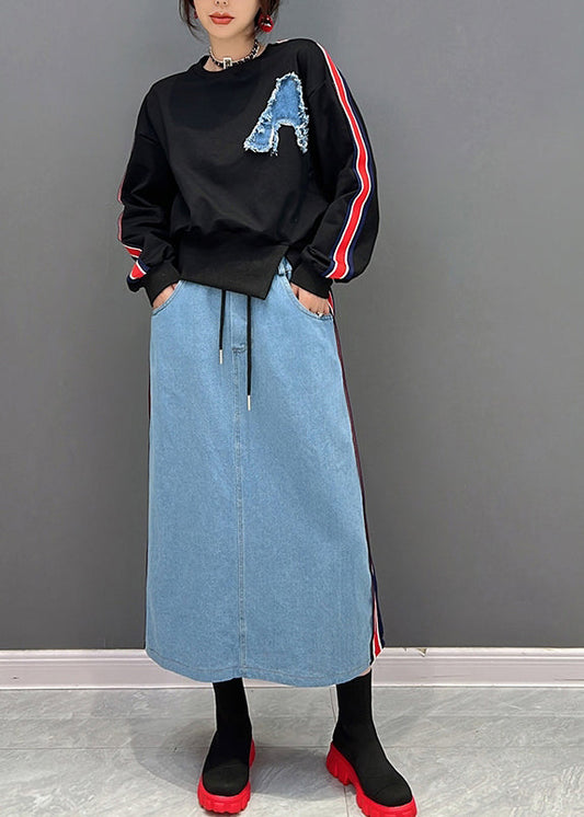 Black O-neck Striped Pullover and Skirts Two Piece Suit Set Fall