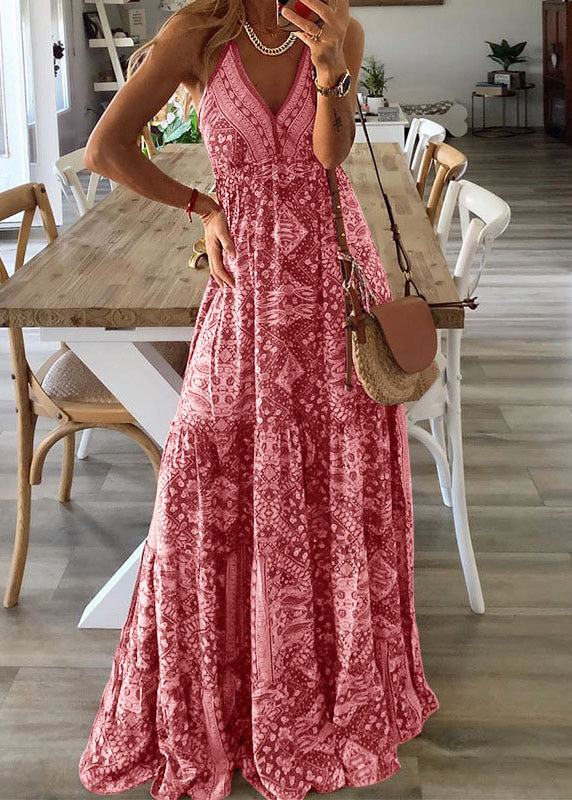 Green V Neck Print Holiday Long Spaghetti Strap Dress Sleeveless