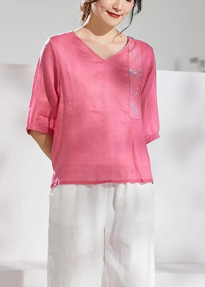 Natural V Neck Half Sleeve Linen Summerclothes for Pink Print Blouse