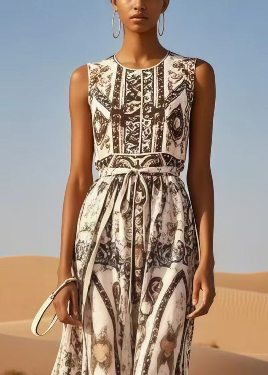 Brown Tie Waist Print Cotton Long Dress Summer