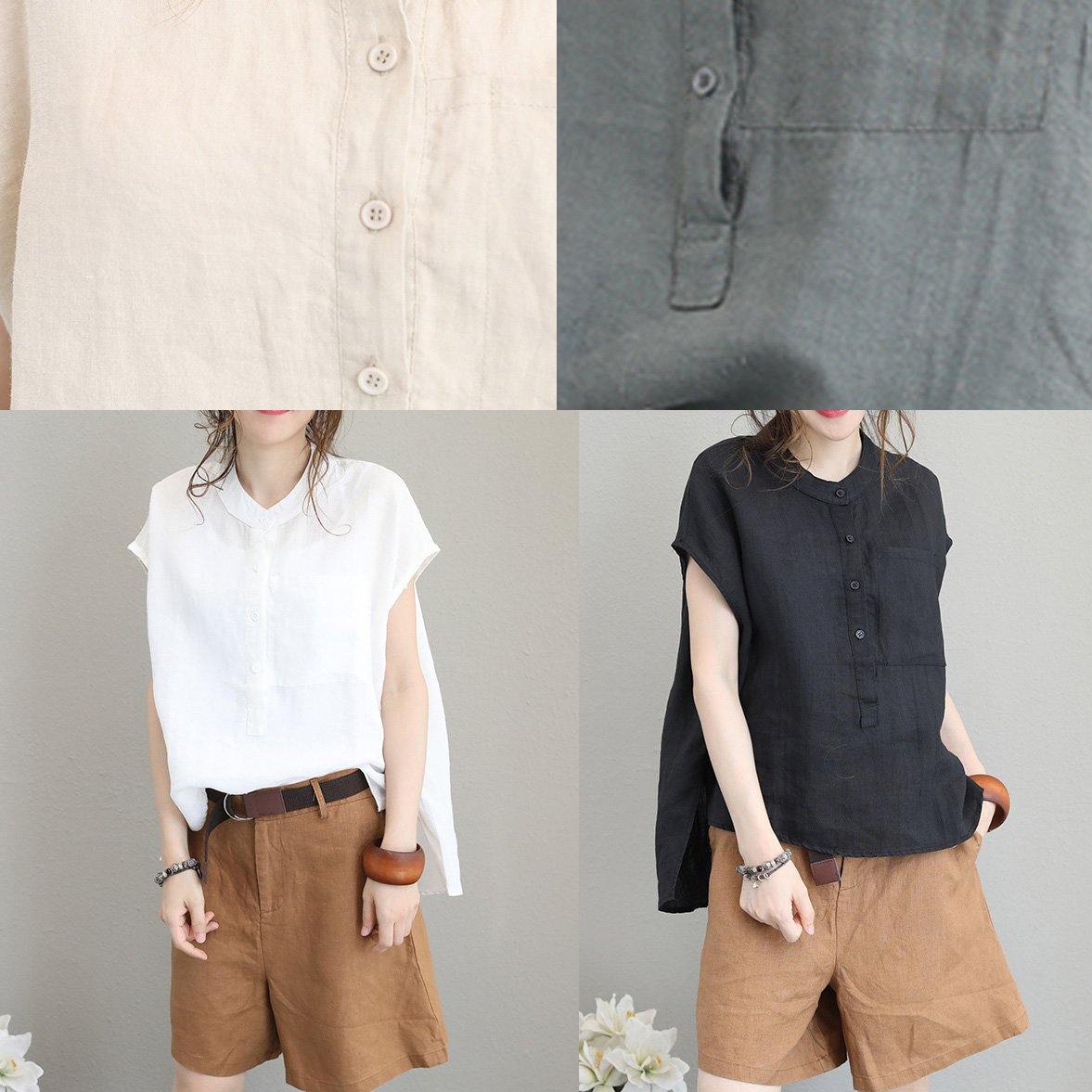 Unique O Neck Linen Tops Blouses Low High Design Clothing Gray Green Shirt
