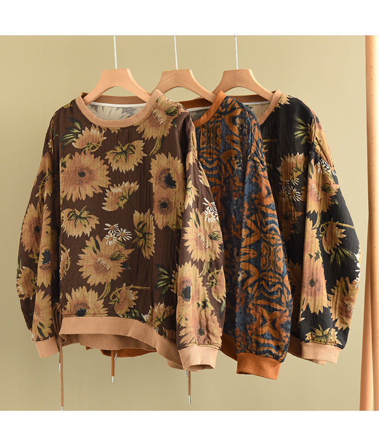 Large Size Slim Round Neck Printed Retro Loose Sweater