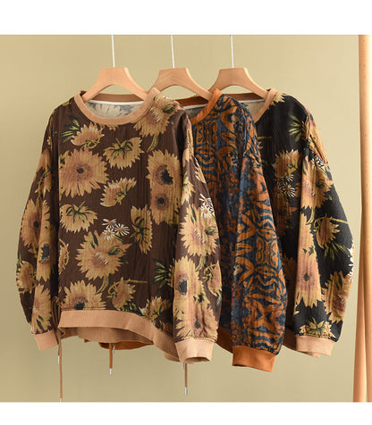 Large Size Slim Round Neck Printed Retro Loose Sweater
