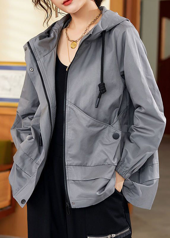 Loose Grey Pockets Patchwork Cotton Hooded Coat Fall