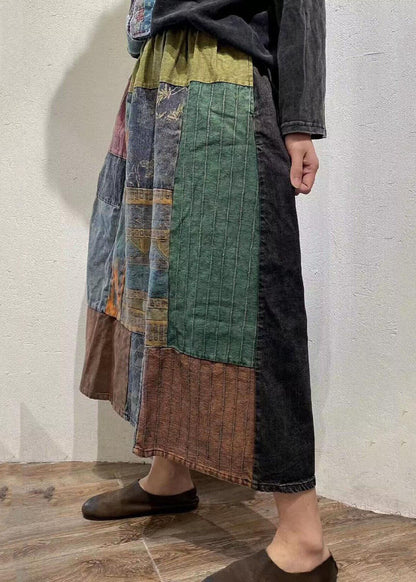 Colorblock Wrinkled Elastic Waist Patchwork Cotton Skirts Spring