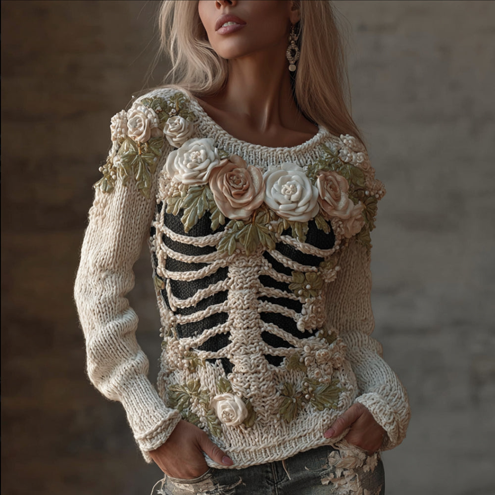 Comstylish Women's Halloween Skeleton Flower Embroidered Round Neck Sweater