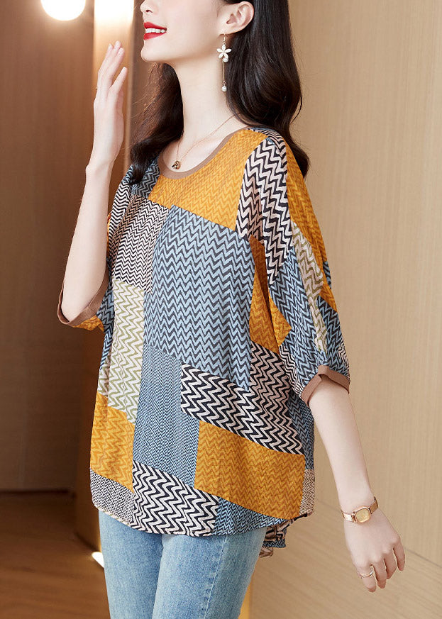 Yellow O-neck Print Patchwork Silk Tops Half Sleeve