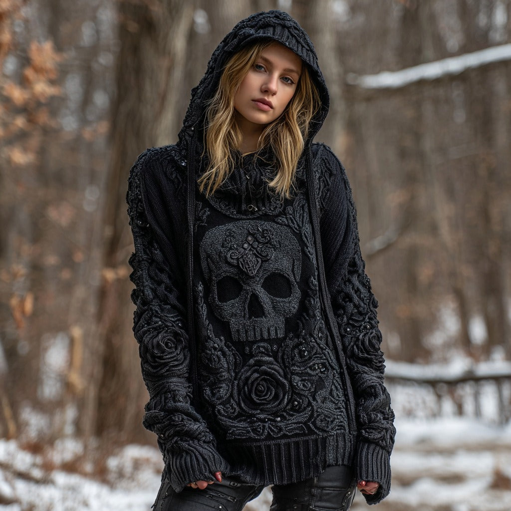 Women's Vintage Celtic Knot Skull And Roses Knitted Hooded Sweater artswardrobe