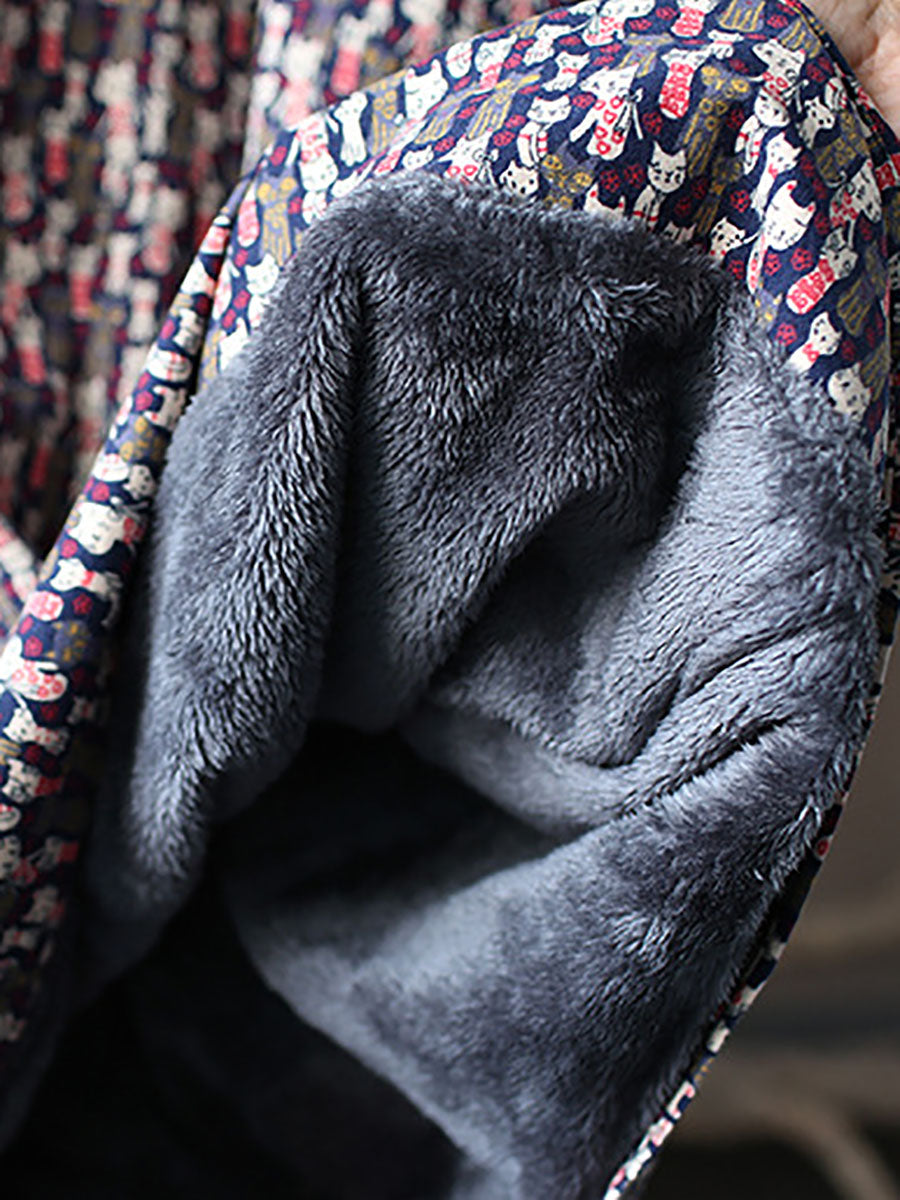 Winter Chinese Print Frog Thick Long Dress