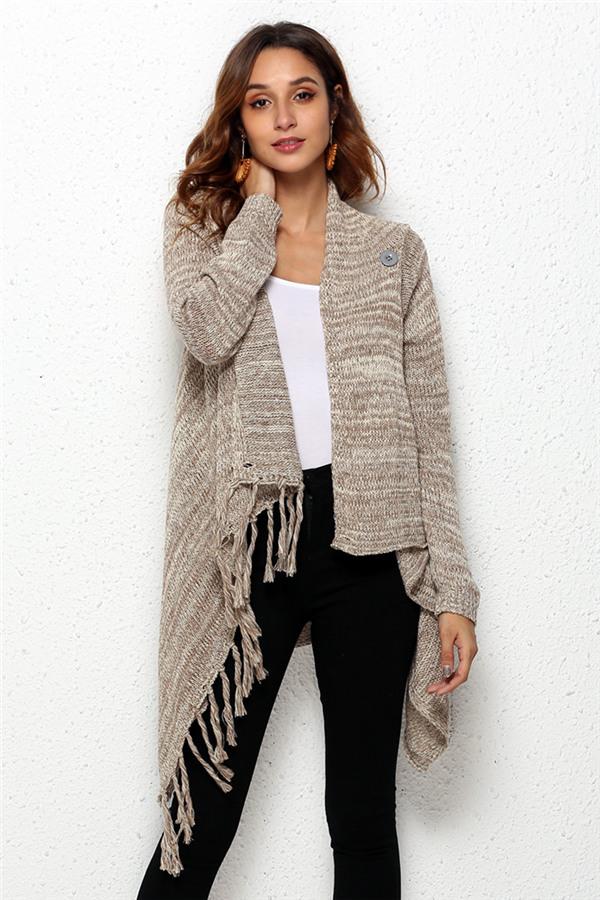 Tassel Asymmetrical Hem Shawl Speckled Fringe Cardigan - Khaki