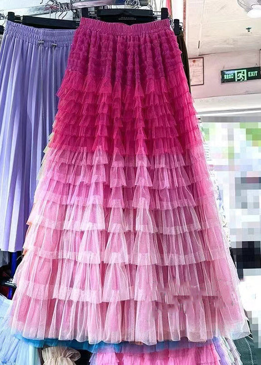 Rose Gradient Color Wrinkled Elastic Waist Tulle Skirt Summer
