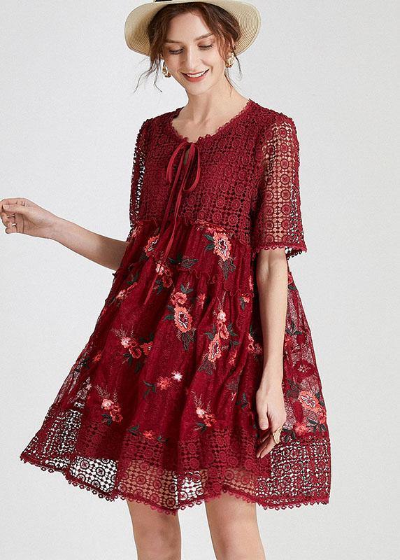 Pink Hollow Out Embroideried Summer Mid Dress Half Sleeve