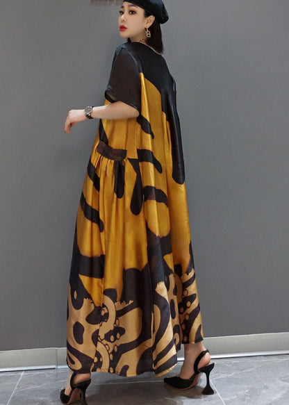 Loose Yellow O-neck Print Satin Maxi Dress Summer