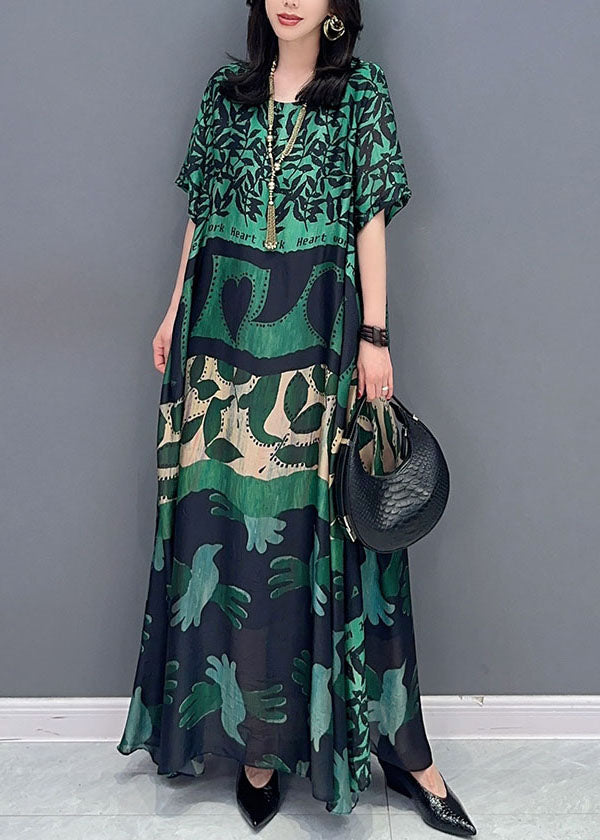 Green O Neck Pockets Print Patchwork Silk Long Dresses Summer