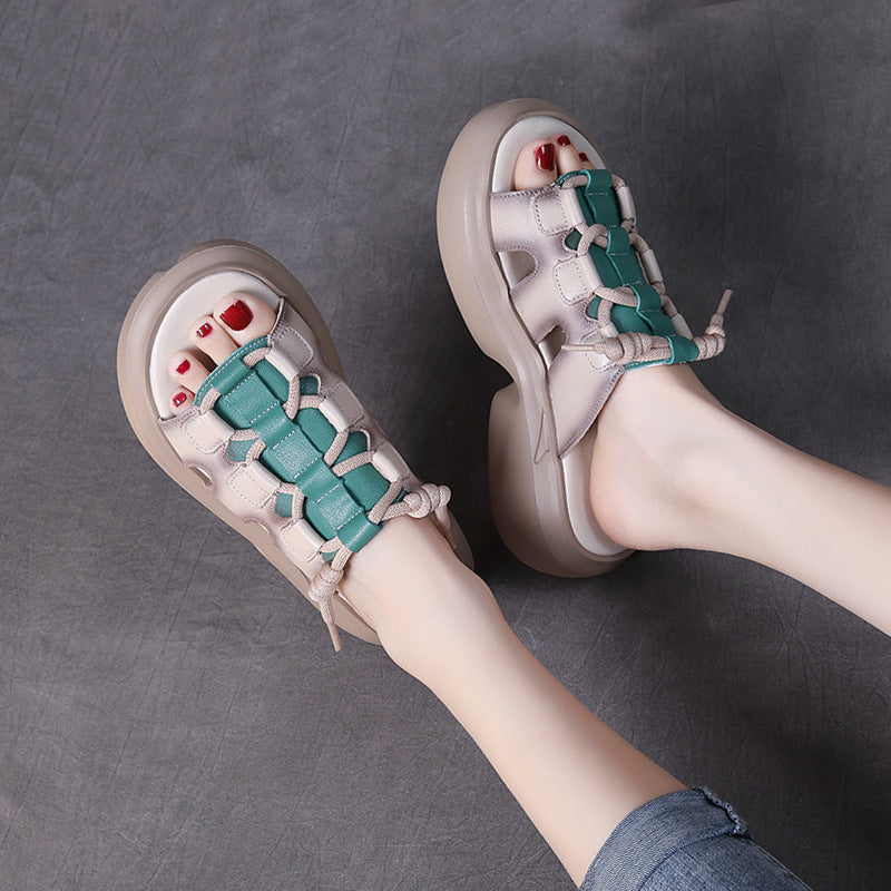 Retro Leather Wedge Slippers