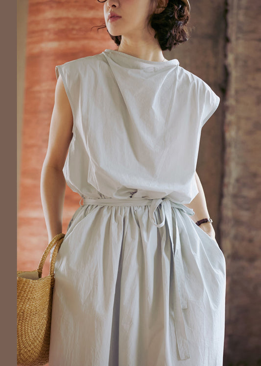 Grey Lace Up Pockets Cotton Dress Sleeveless