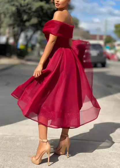 Style Red Cold Shoulder Patchwork Tulle Long Dresses Summer