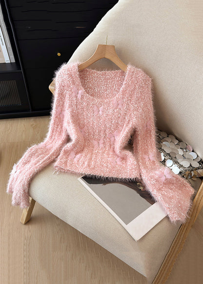 Slim Fit Pink Original Design Cozy Knit Sweater Flare Sleeve