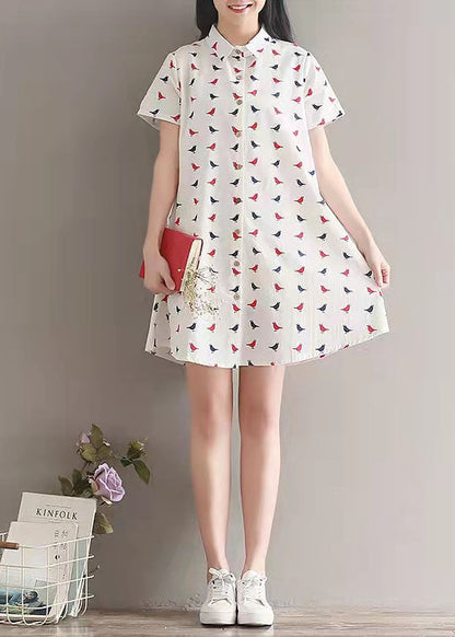Prints Linen Dress Lapel Collar Linen Gown Fine Shirt Dress