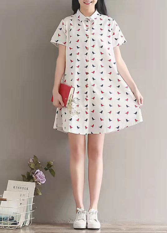 Prints Linen Dress Lapel Collar Linen Gown Fine Shirt Dress