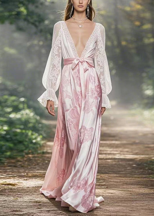 White V Neck Lace Up Silk Long Dress Flare Sleeve