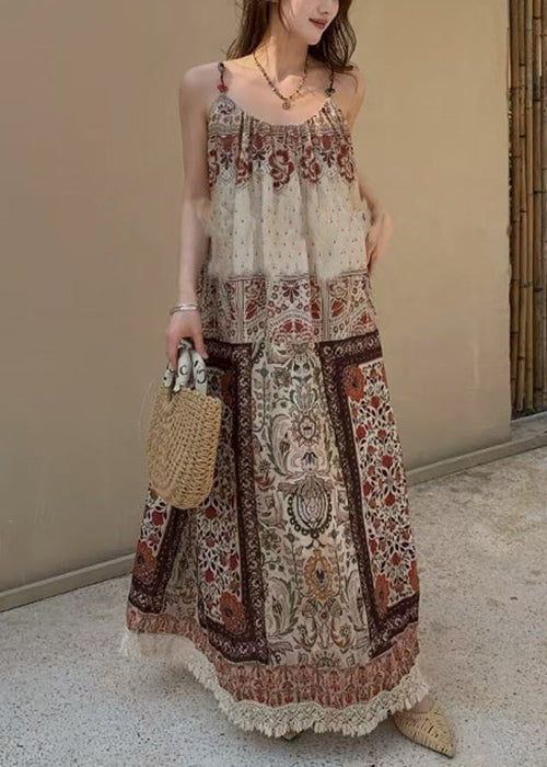 Print Tasseled Pockets Patchwork Cotton Spaghetti Strap Dress Sleeveless