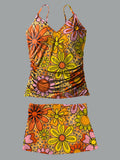 Orange Flowers V-Neck Vintage Flowers Print Suspender Skirt Tankini Pantskirt Set Swimsuit