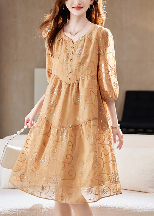 Yellow Sequins Embroidered Patchwork Cotton Dress Summer