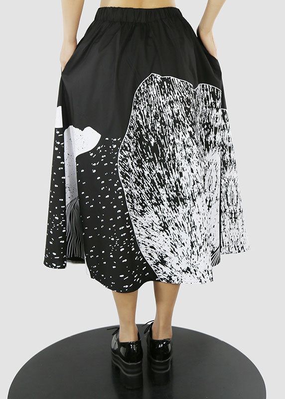 Black Button Elastic Waist Print a Line Skirts Spring