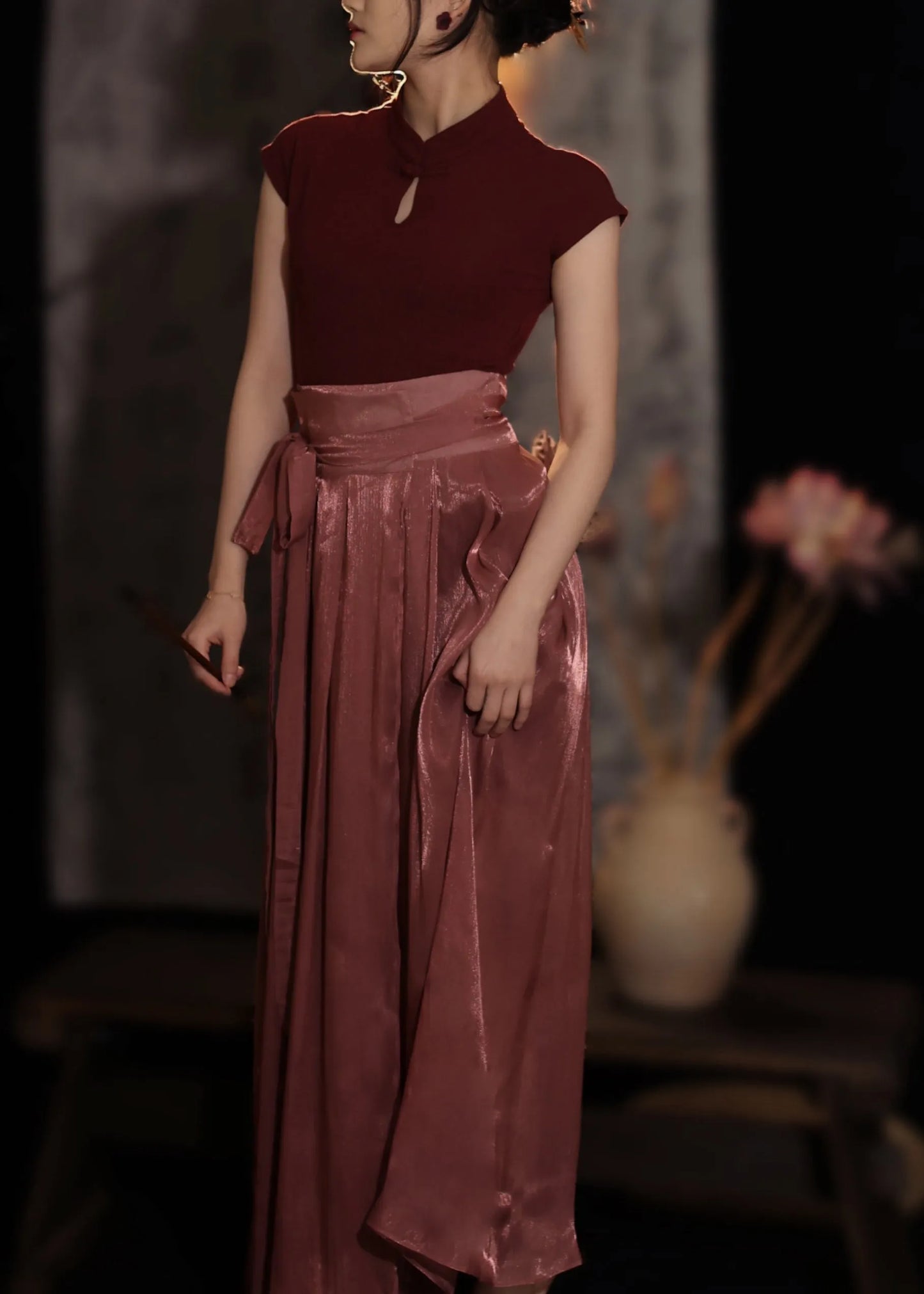 Red Stand Collar Button Top and Maxi Skirts Two Piece Set Spring