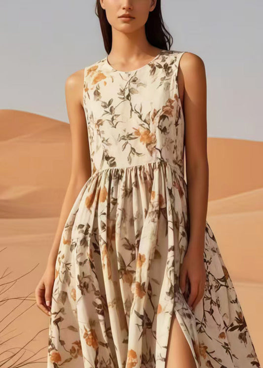 Apricot Print Side Open Cotton Long Dress Sleeveless