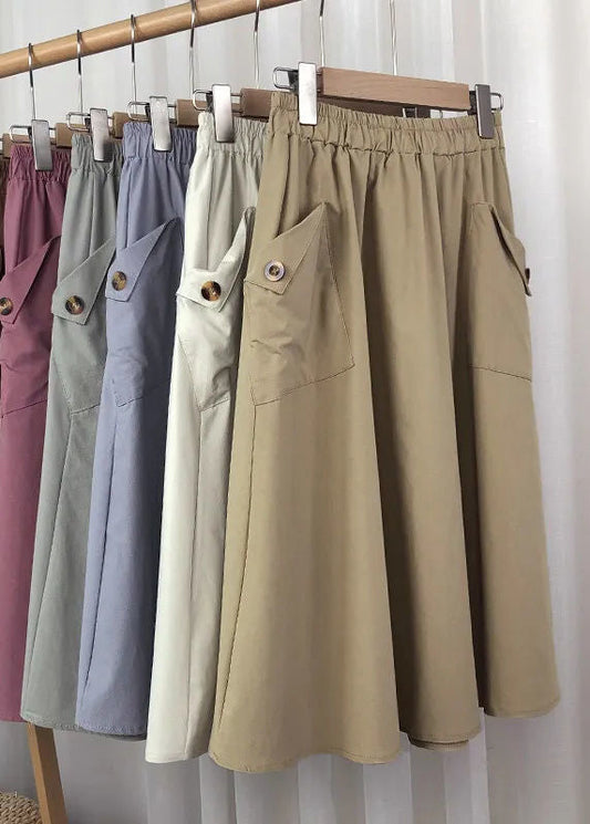 Light Khaki Button Pockets Faux Leathe a Line Skirts Summer