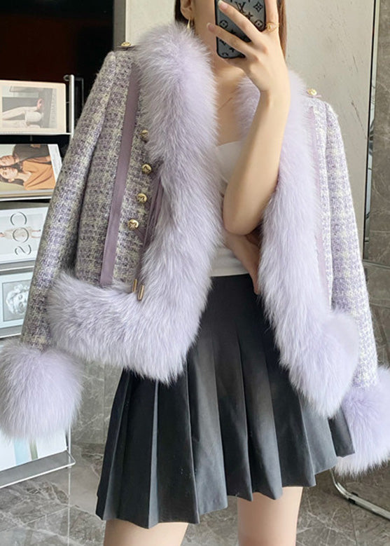Purple Faux Fox Collar Button Leather and Fur Coat Winter
