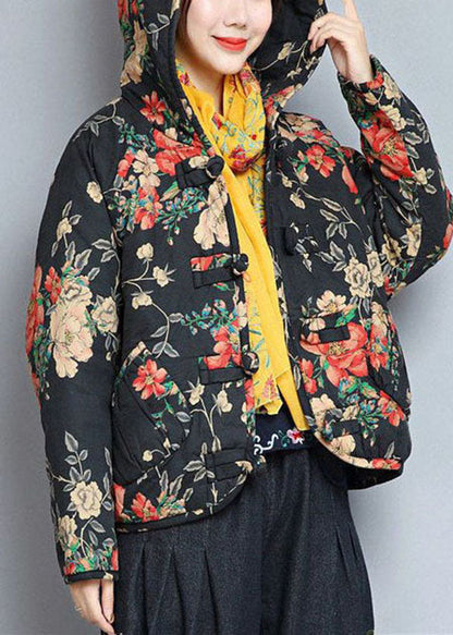 Art Black Hooded Pockets Print Fine Cotton Filled Coats Winter