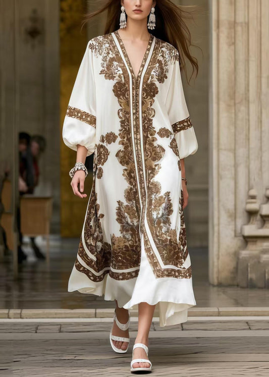 Brown Print Silk Maxi Dresses Oversized Summer