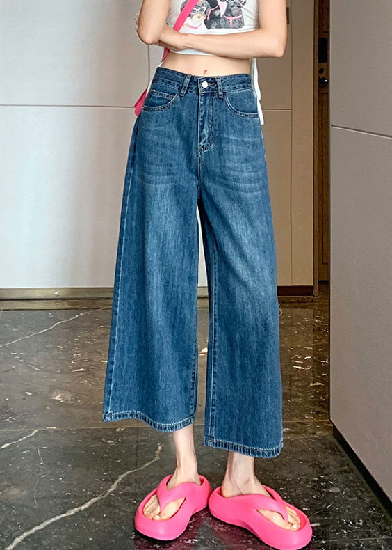 Blue Pockets Denim Wide Leg Crop Pants Thin Summer