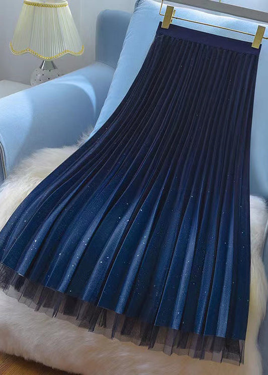French Blue Starry Sky Wear on Both Sides Tulle Pleated Skirt Spring