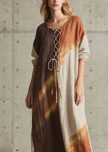 Colorblock O Neck Lace Up Cotton Long Dress Fall