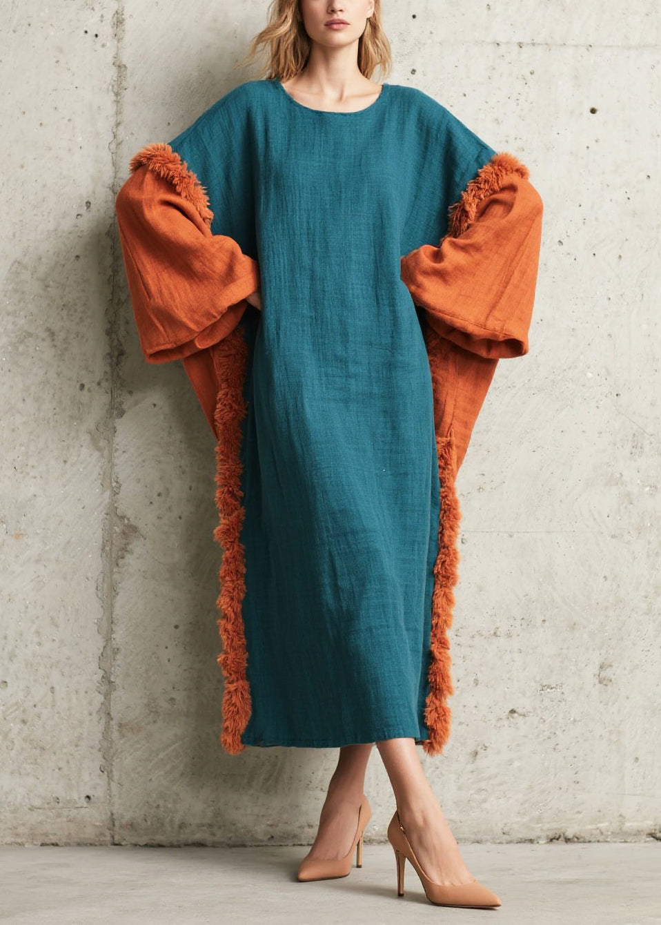 Peacock Blue Oversized Patchwork Faux Fur Dresses Fall
