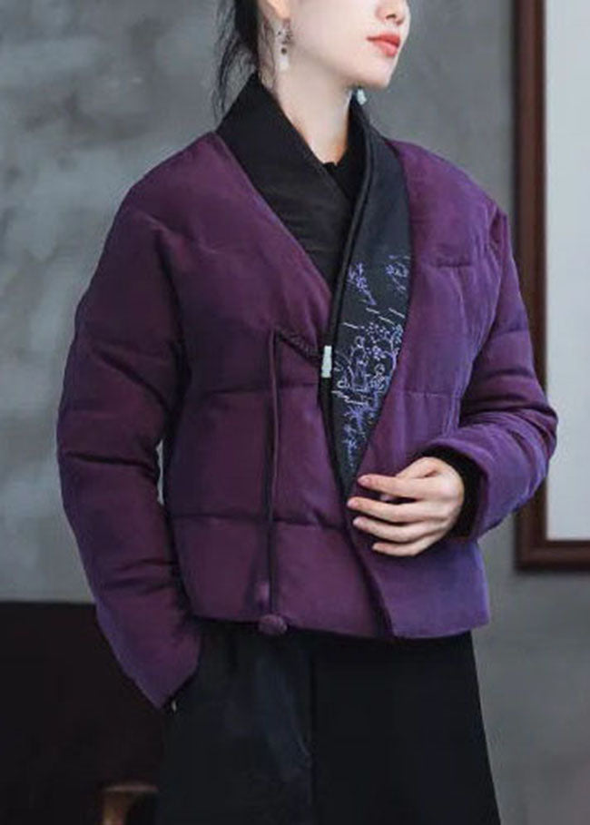 Pink Purple Embroidered Patchwork Duck Down Puffers Coats Winter