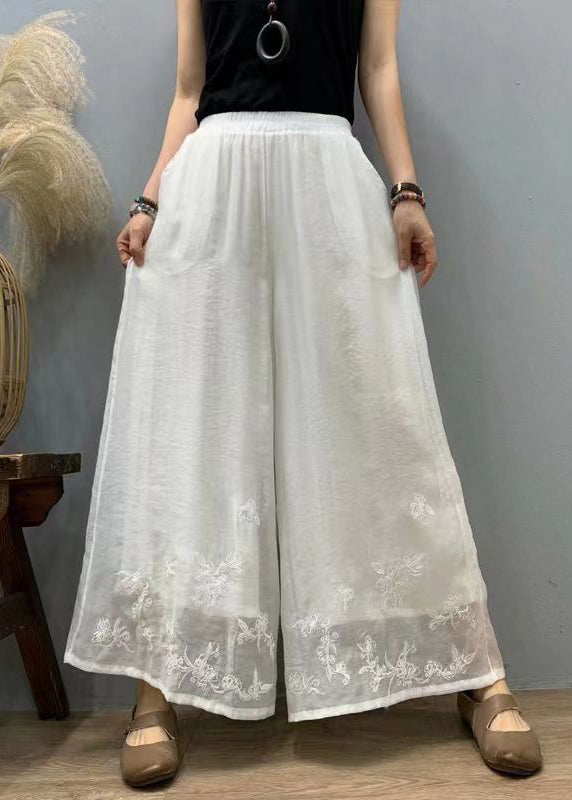 Purple Embroidered Elastic Waist Linen Silk Wide Leg Pants Summer