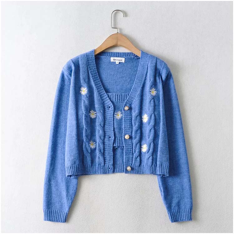 Flower Embroidery Short Loose Cardigan Top Coat 7212