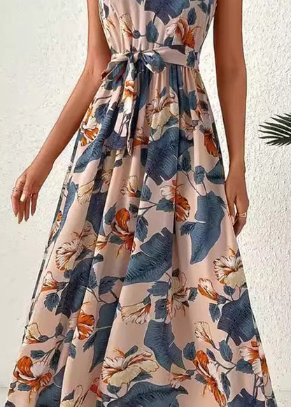 Blue Cold Shoulder Print Lace Up Cotton Dress Sleeveless