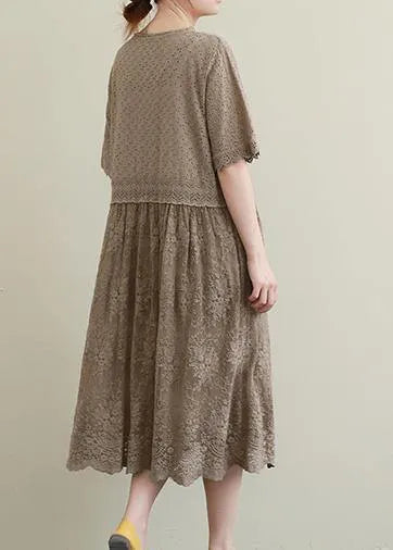 Chocolate Embroidery Cotton Tunics Patchwork Hollow Out Maxi Dress