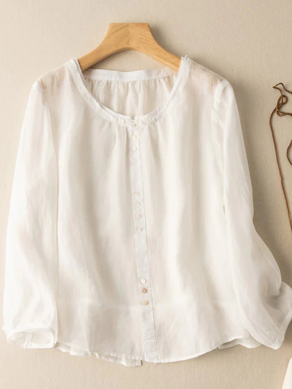 Pure Color Crew Neck Long Sleeve Linen Top