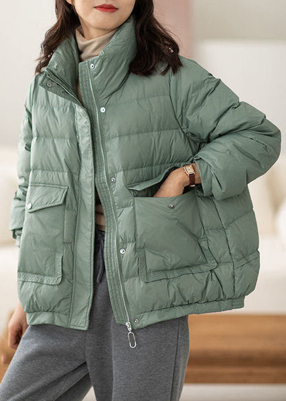 Light Green Stand Collar Zip Up Pockets Duck Down Puffers Jackets Winter