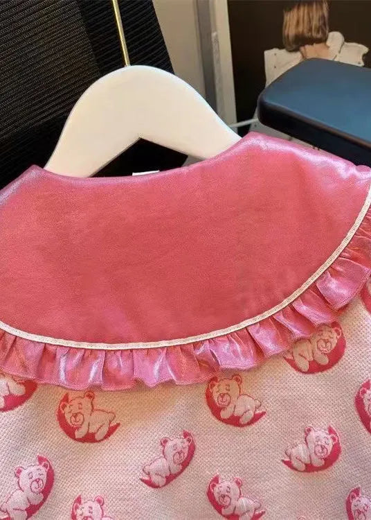 Pink Ruffled Print Top and Skirts Cotton Kids Two Piece Set Fall