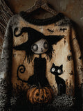 Halloween Gothic Witch Girl & Cat Cozy Knit Sweater elevenforest