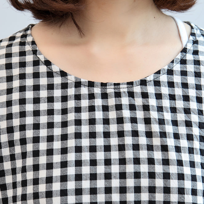 Black White Plaid Cotton Dresses Baggy Loose Half Sleeve Maxi Dress Side Open